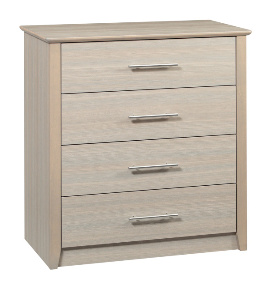 Beige dresser with three drawers and metal handles on a white background