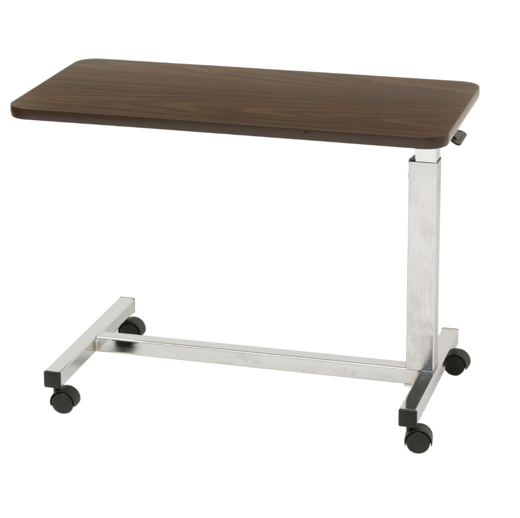Adjustable overbed table with brown top and metal frame on a white background