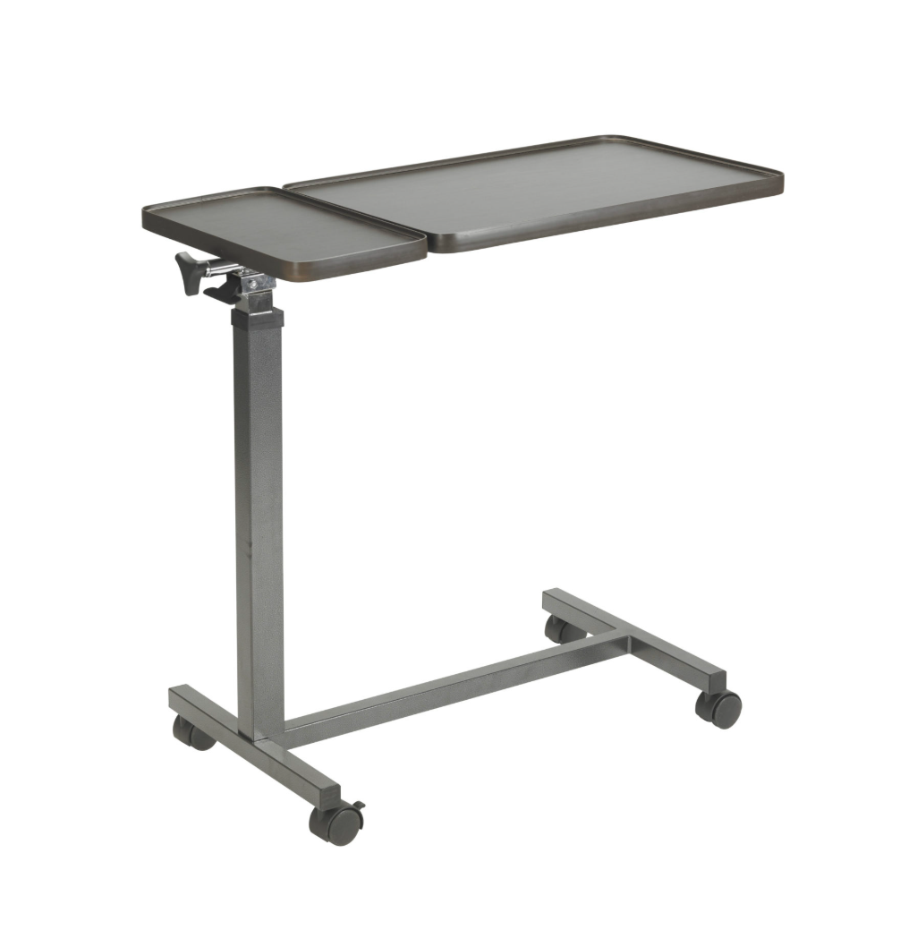 Adjustable hospital bed tray on wheels with a white background