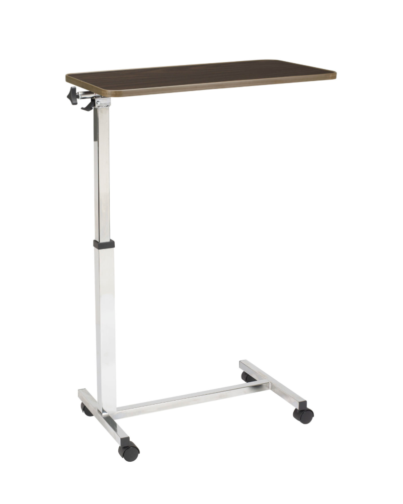 Adjustable overbed table with a brown surface on a white background