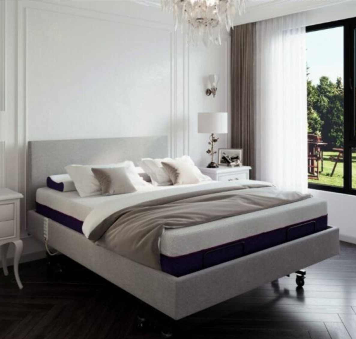 A modern upholstered bed frame with a white mattress, beige bedding, and dark purple side panels, shown in a bright, contemporary bedroom setting.