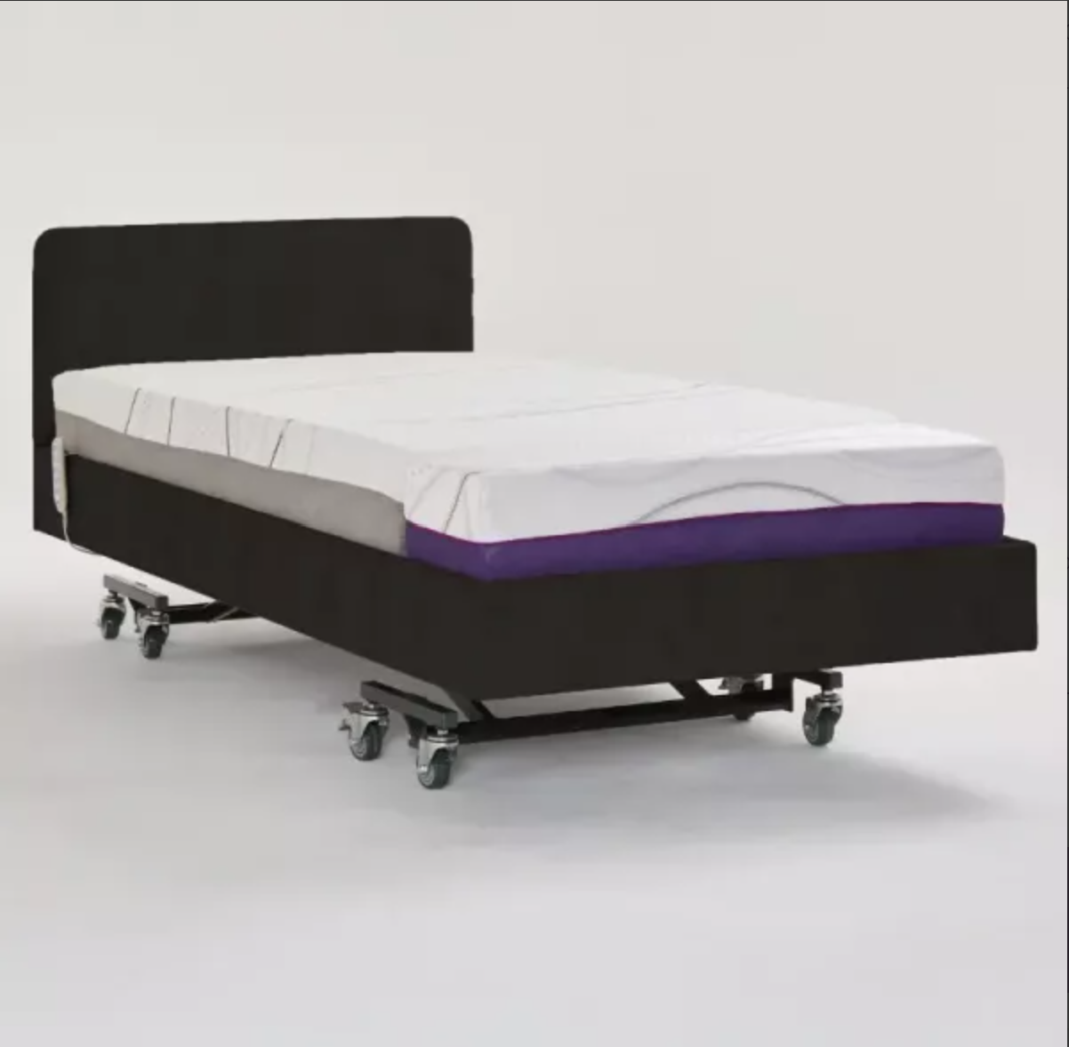 A wheeled hospital-style bed frame with a dark upholstered base and headboard, shown with a white mattress and a purple side accent on a light gray studio background.