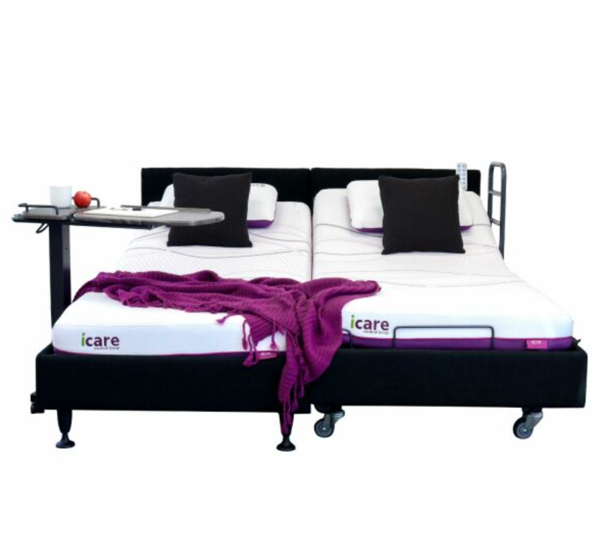 An adjustable electric bed frame with two mattresses, shown on a white background. The bed frame is upholstered in black fabric and has a metal support frame.