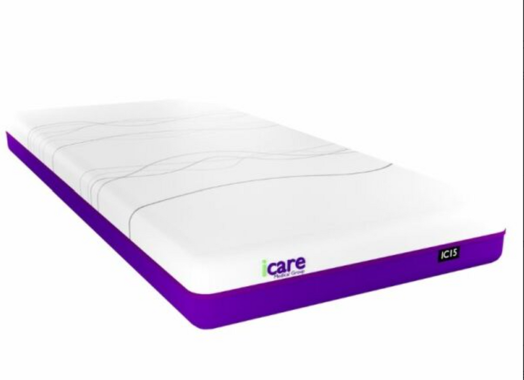 A white mattress with a purple side frame and purple base, featuring the 'i care' brand logo and model 'IC15' on the side, shown on a plain white background.
