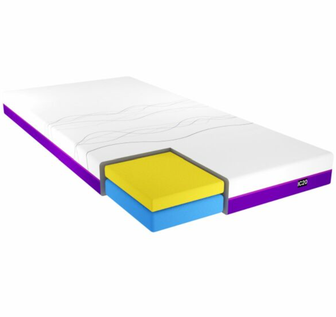 A 3D-rendered mattress shown at an angle on a plain white background, with a cutaway revealing a white top layer, a yellow middle layer, and a blue bottom layer. The side edge is purple with a small visible C20 logo.