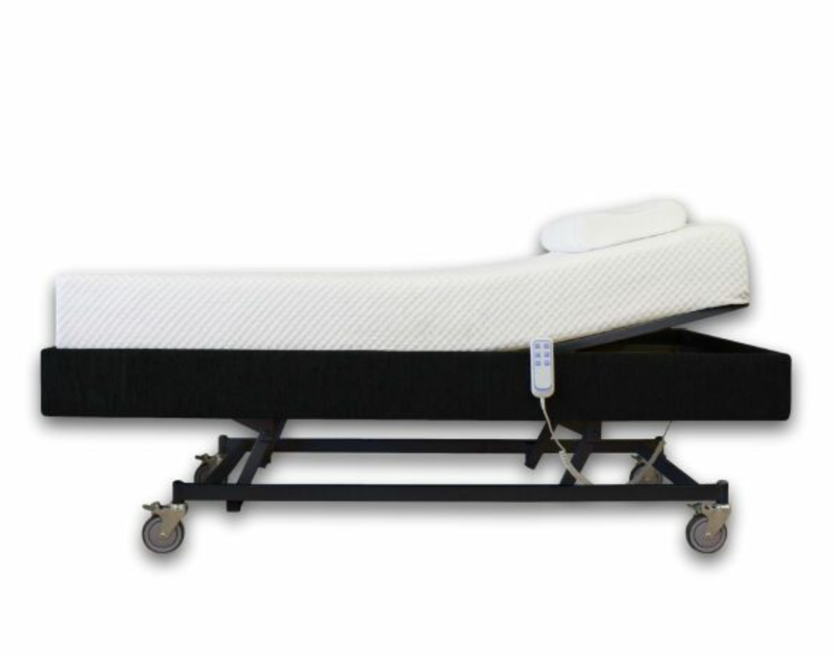 An electric adjustable hospital-style bed frame with a white mattress and a matching headboard, shown on a plain white background.